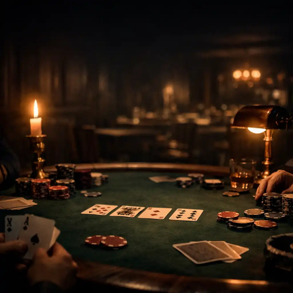 Candlelit poker table with real cards and chips in the dark, elegant Card Manor Stradbroke poker room