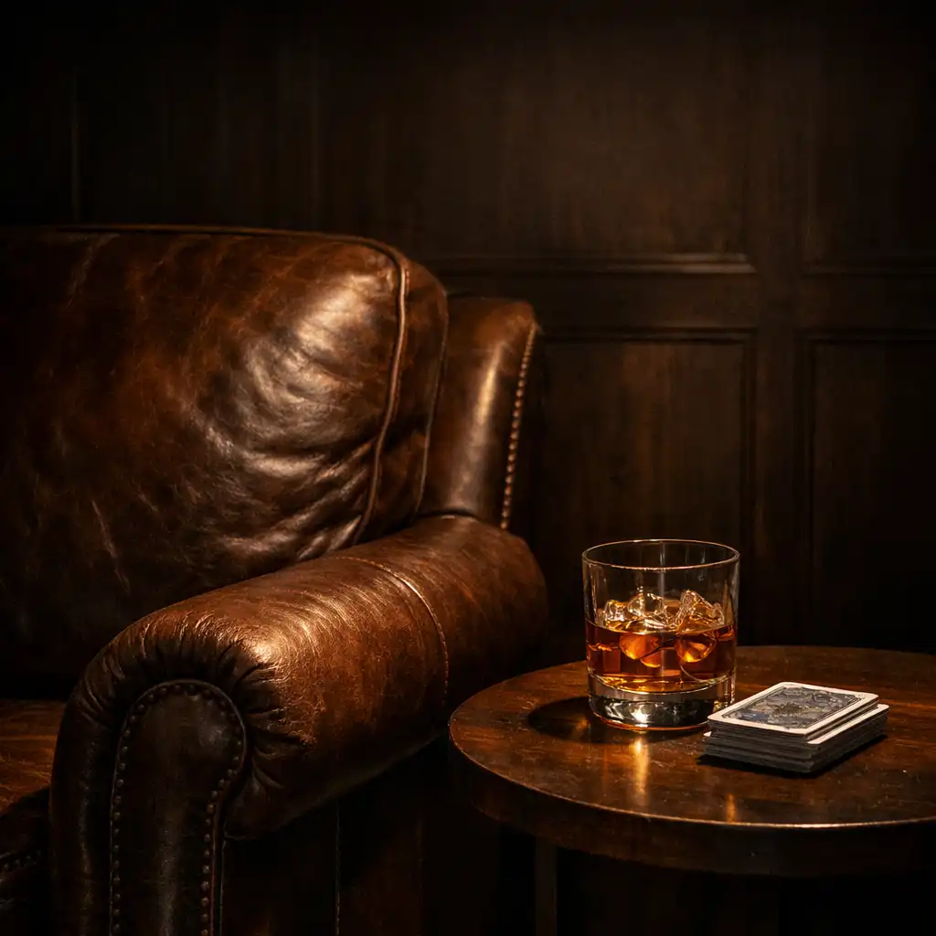 A deep leather armchair beside a small table with a deck of cards in the Card Lounge