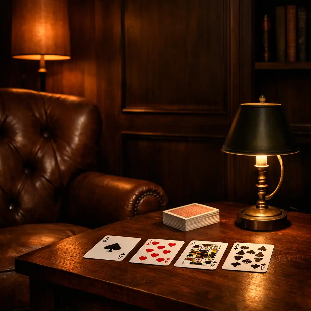 A quiet card lounge corner with a leather armchair, low table, and warm lamp