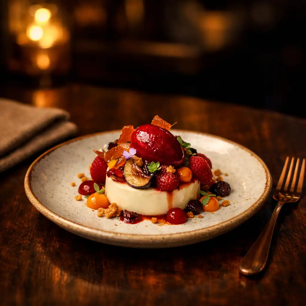 A beautifully plated dish on a dark wooden table in the restaurant