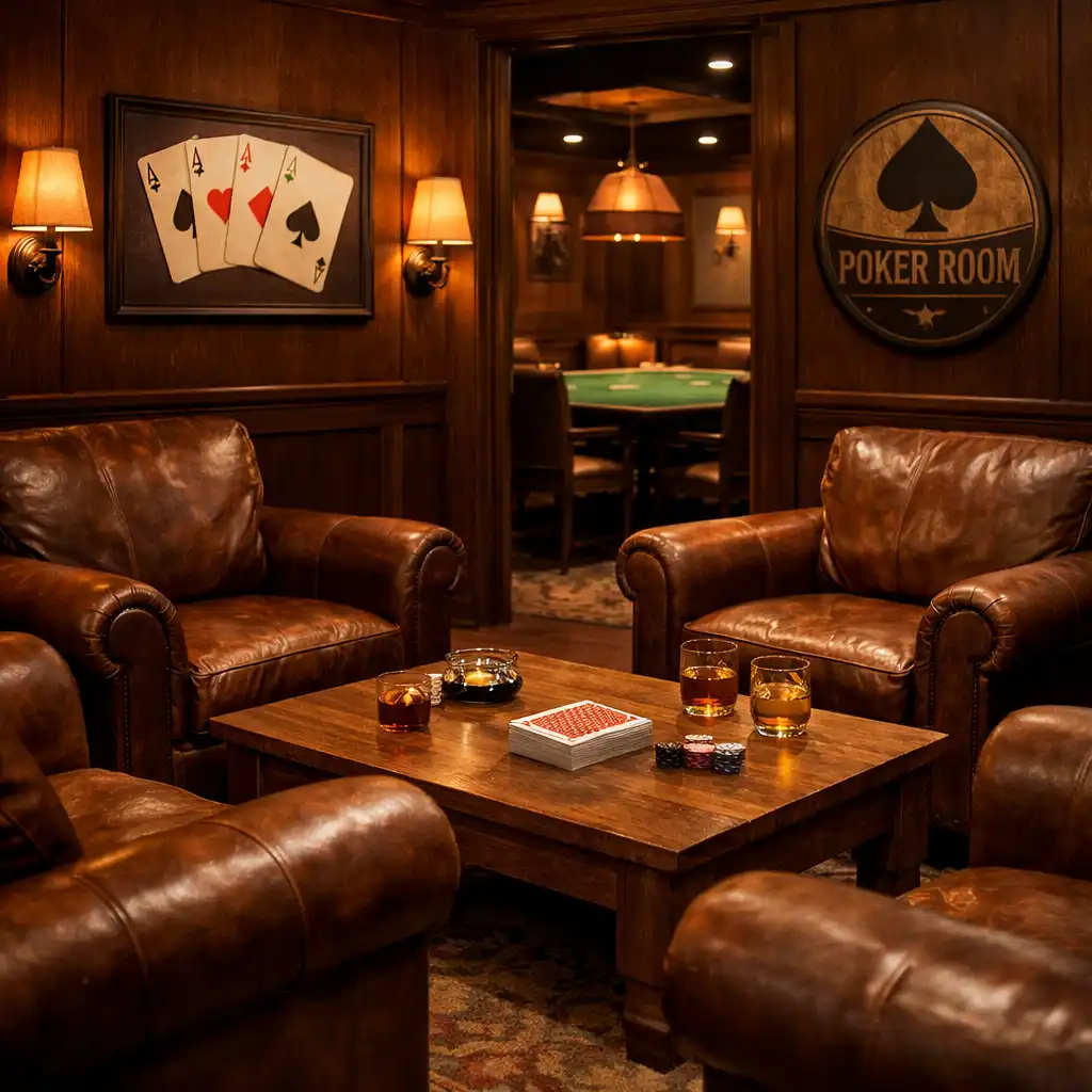 A warm card lounge with leather armchairs, timber table, and soft copper lighting