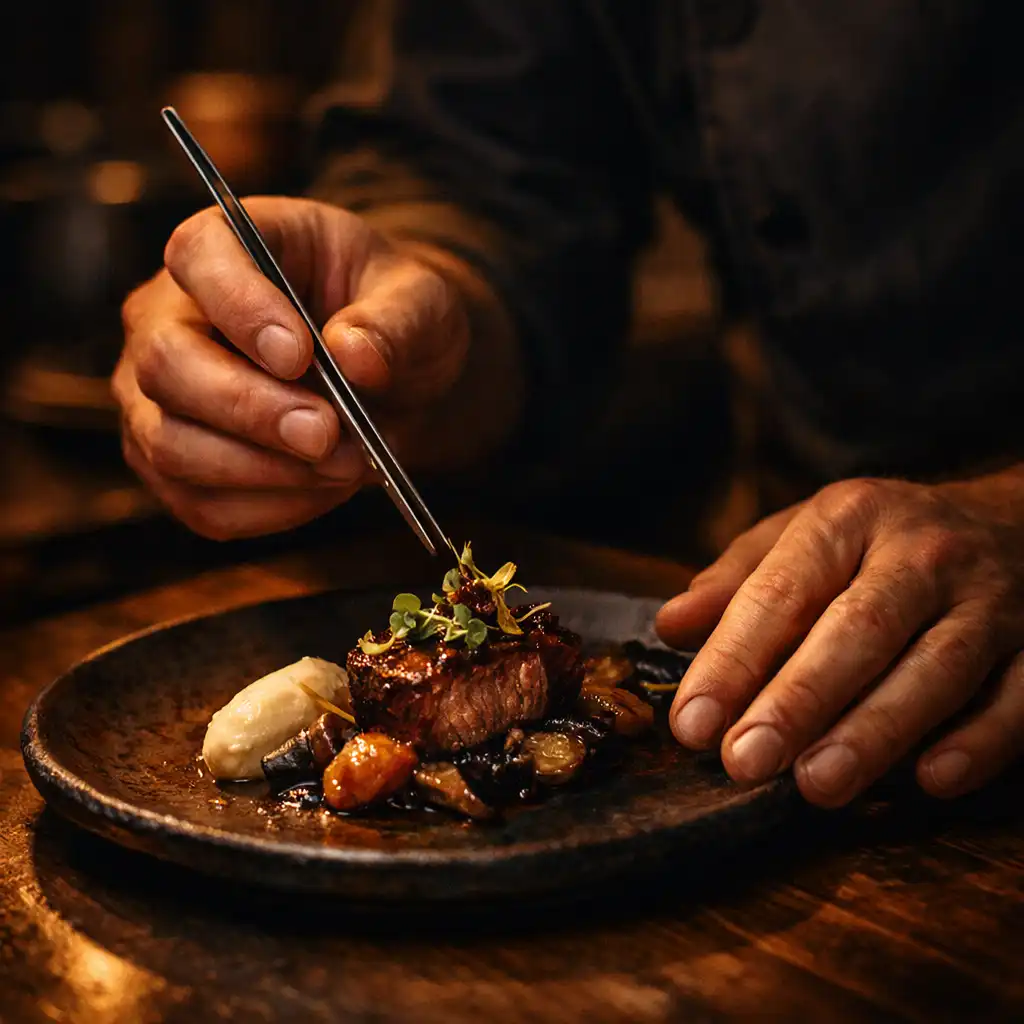 A chef's hands carefully plating a refined dish under warm copper-toned kitchen light