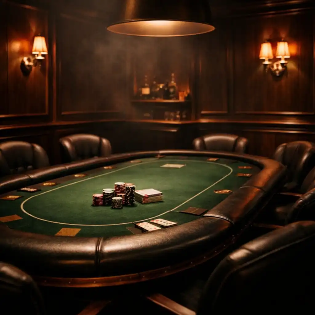 Low-lit poker room at Card Manor Stradbroke with dark timber paneling, copper sconces, and a professional poker table