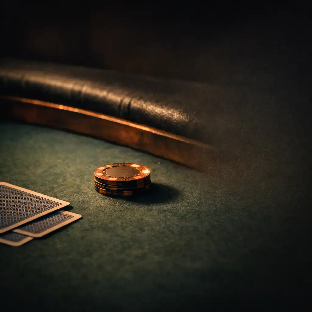 Close-up of a poker table surface with felt texture, playing cards, and a single chip