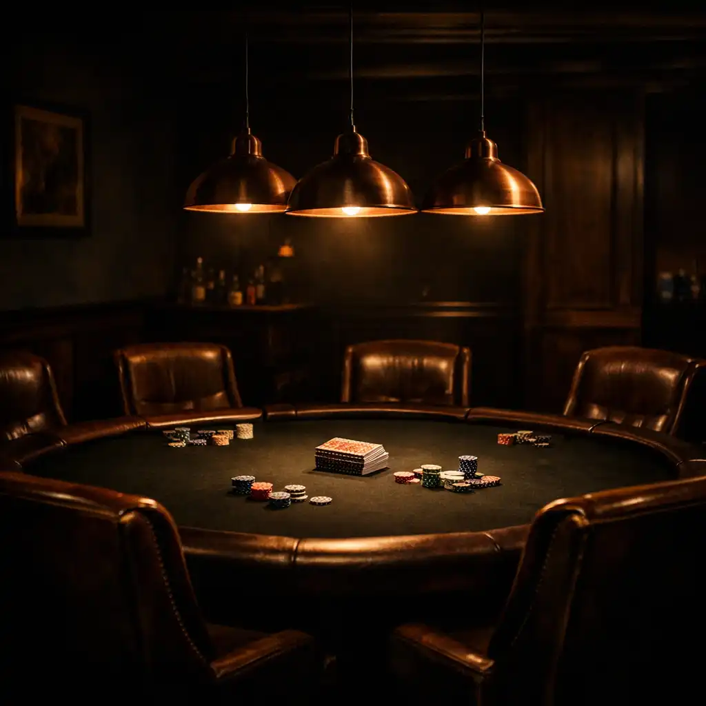 A dimly lit poker room with a dark felt table, leather chairs, and warm copper pendant lights