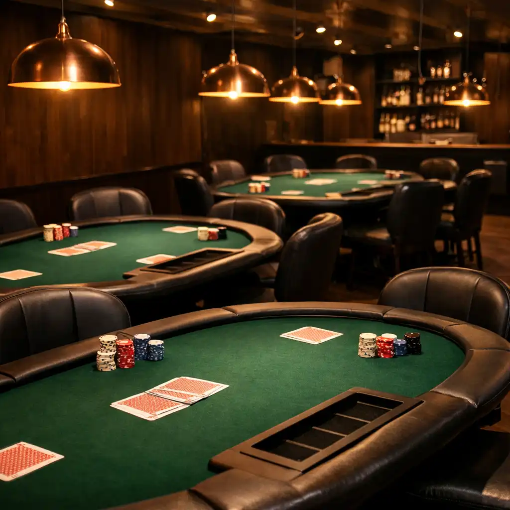 A dedicated poker room with multiple real poker tables, felt surfaces, and warm copper pendant lighting