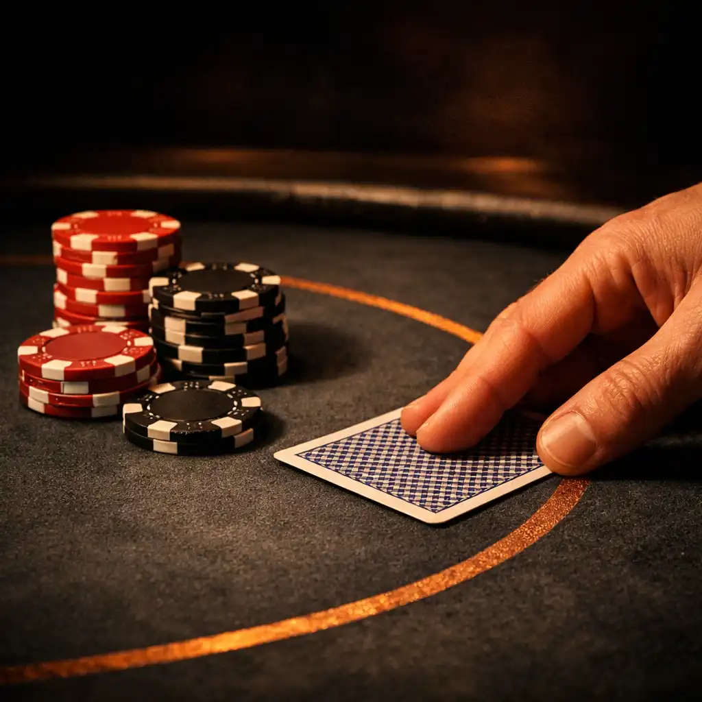 Close-up of a poker table with a hand placing a card and stacked chips