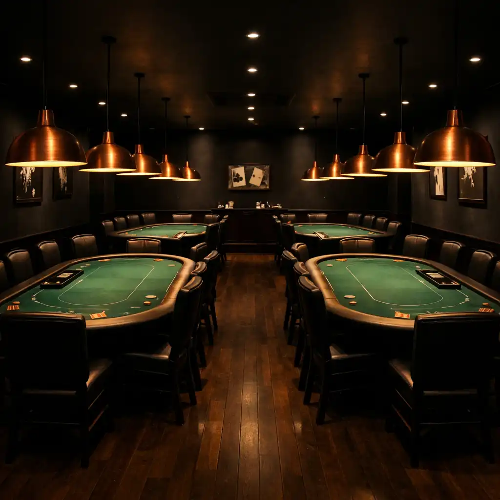 Wide view of the dedicated poker room with multiple tables under warm copper pendant lights