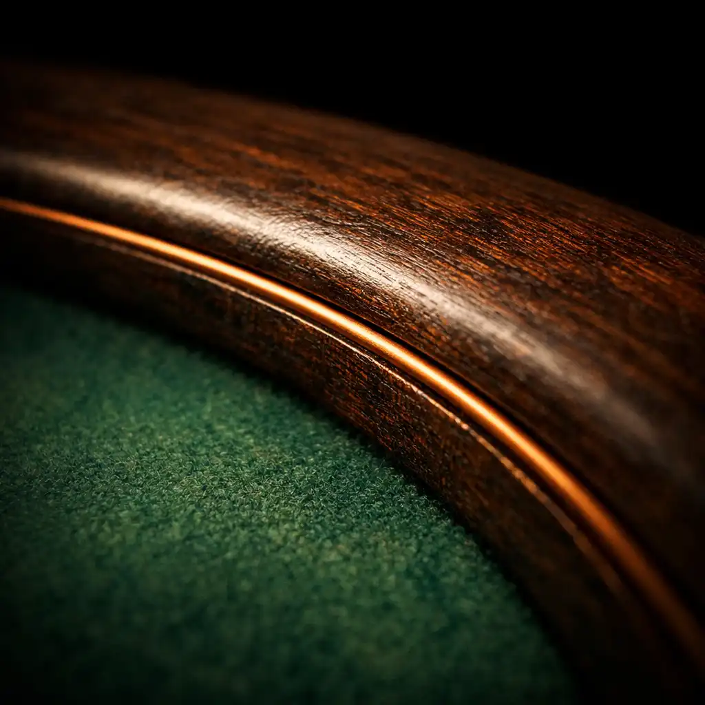 Close-up of the dark timber rail meeting the green felt with a copper inlay line