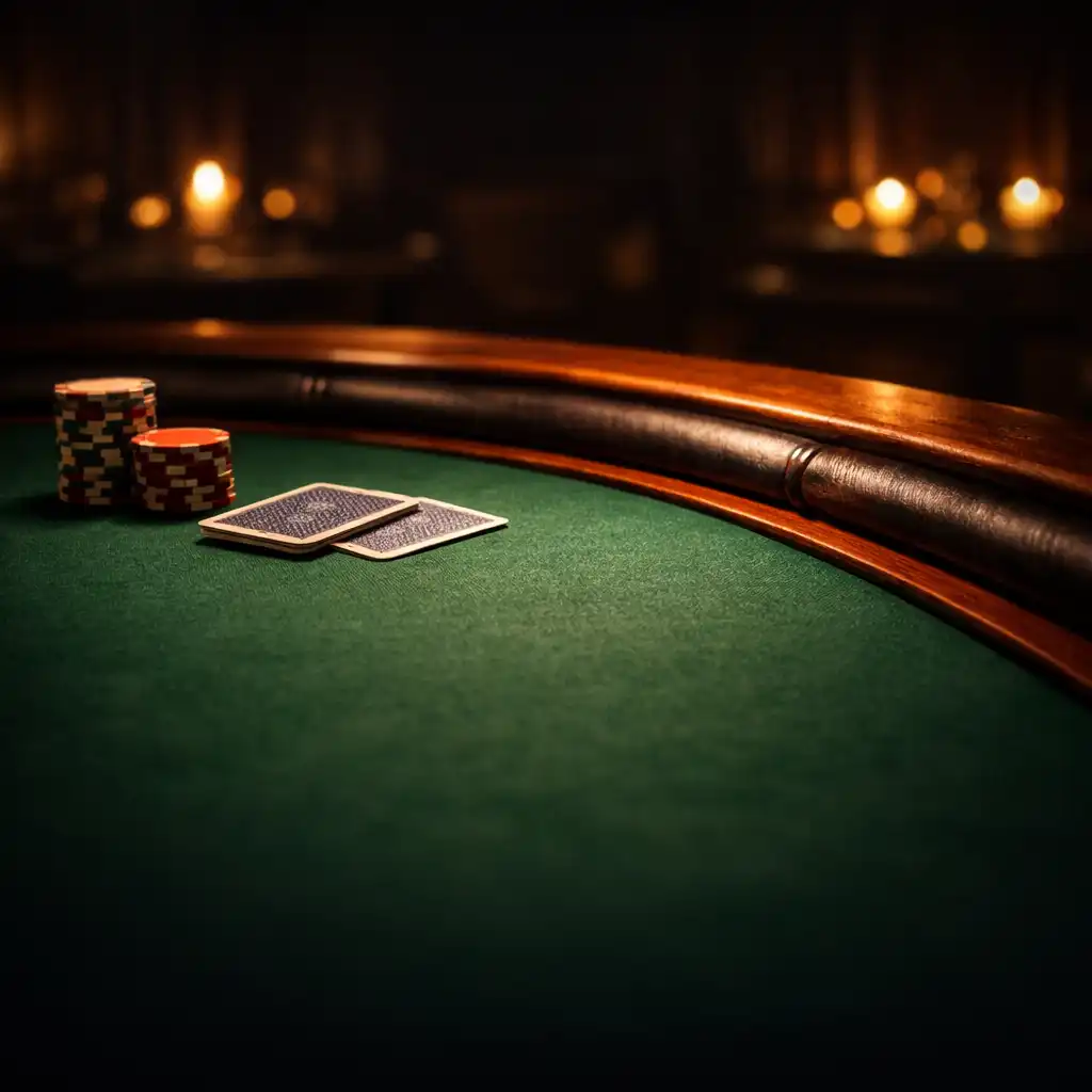 A premium poker table with dark timber rail and green felt under warm copper light