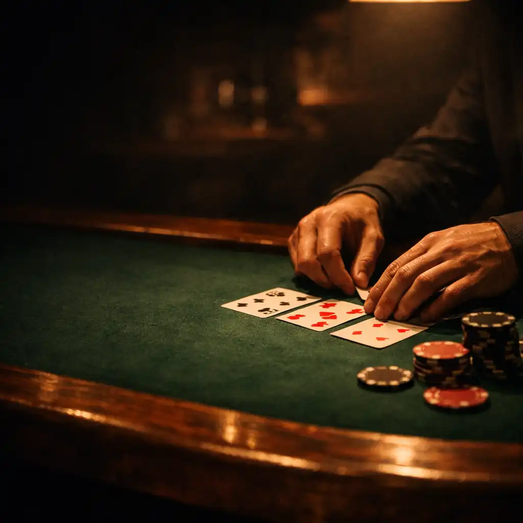 A low-lit poker table with real cards and copper lighting in the private card room at Card Manor Stradbroke