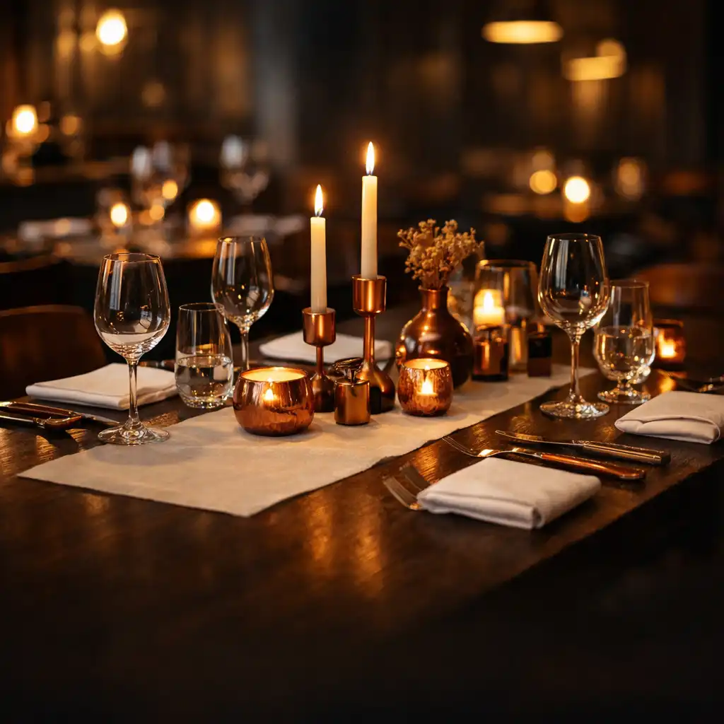 A candlelit dining table set with dark timber, crisp linens, and copper accents inside Card Manor Stradbroke's restaurant