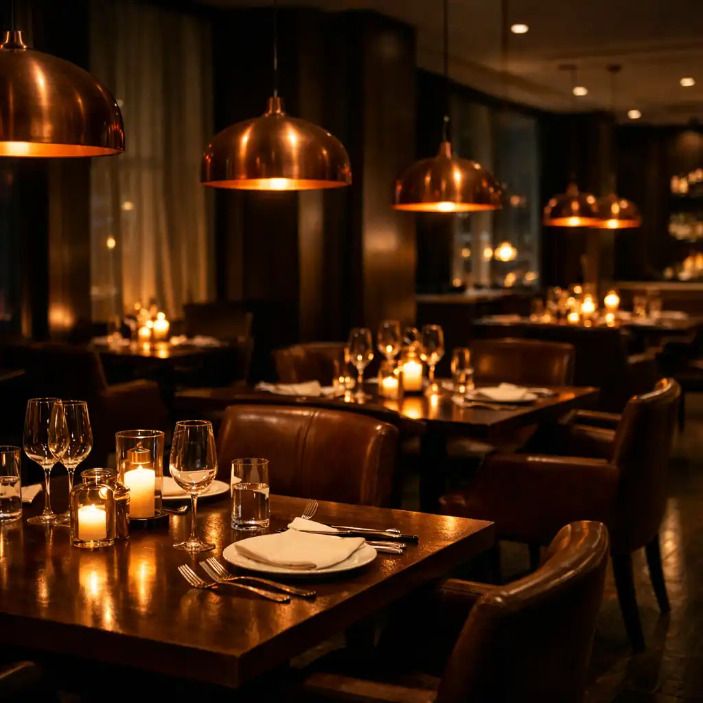 An upscale restaurant dining room at night with dark timber tables and warm copper pendant lights